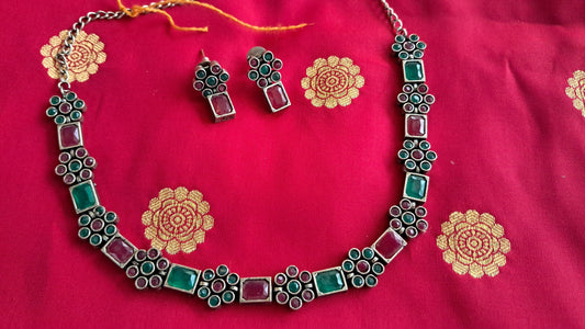 Ruby Red & Emerald Green Stone Oxidised Silver Necklace and Earrings Set