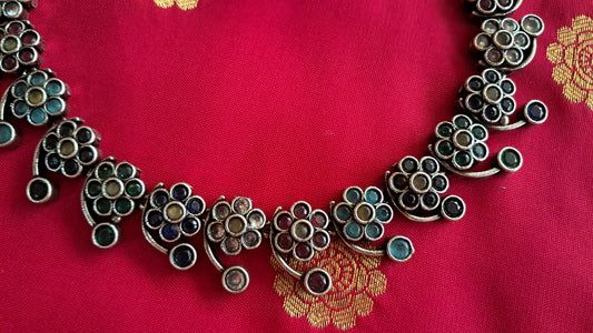 Multicolour Floral Stone Oxidised Silver Necklace with Jhumka Earrings Set
