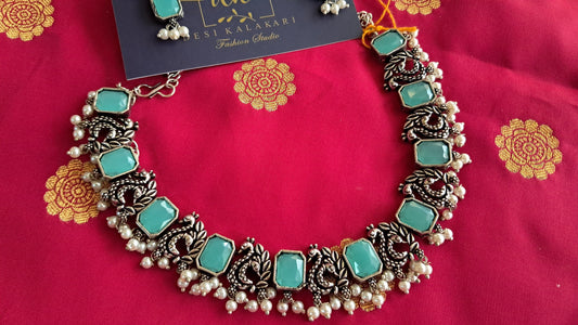 Ethereal Turquoise Peacock Oxidized Silver Necklace & Earring Set