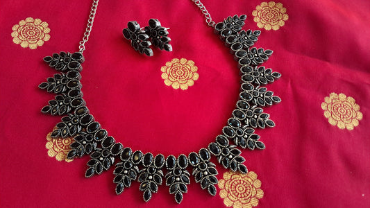 Midnight Black Leafy Motif Oxidized Silver Necklace & Earring Set