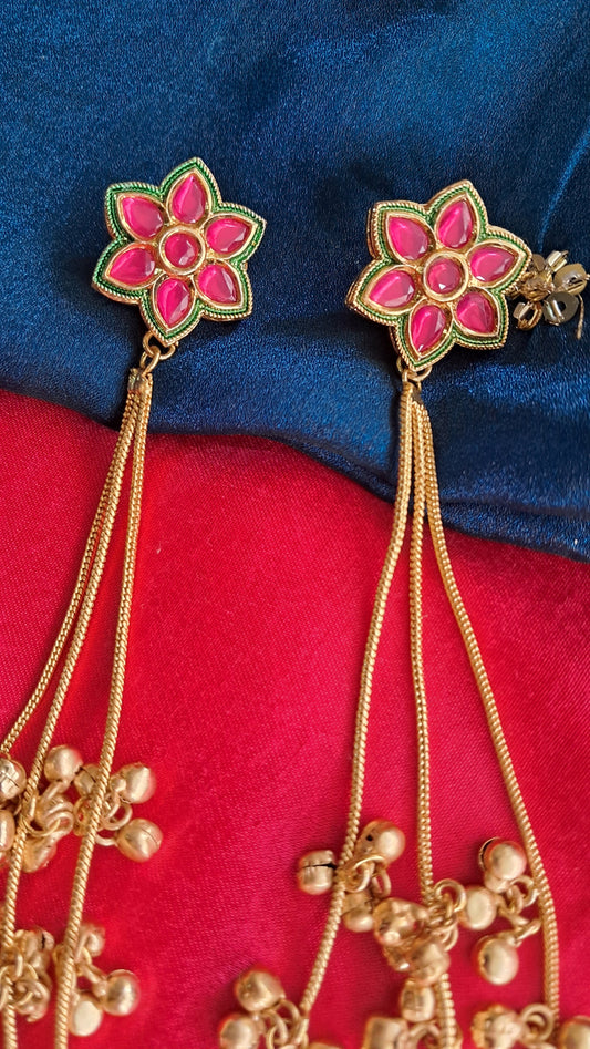 Vibrant Pink Petal Meenakari Kashmiri Long Chain Earrings