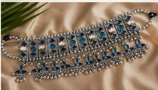 Royal Blue Enamel Lotus Motif Oxidized Silver Choker Necklace