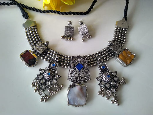 STONE Raw Stone Oxidised Silver Choker Necklace Set with Earrings – Boho Ethnic Indian Jewellery