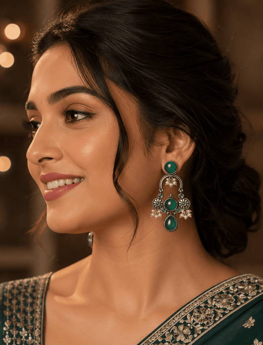 Elegant Monalisa Stone Dangler Earrings with Pearl – Silver Plated Designer Jewelry sky
