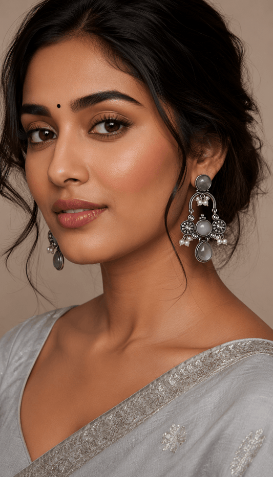 Elegant Monalisa Stone Dangler Earrings with Pearl – Silver Plated Designer Jewelry Grey