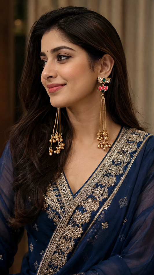 Traditional Kashmiri Gold-Plated Enamel & Bead Dangle Earrings