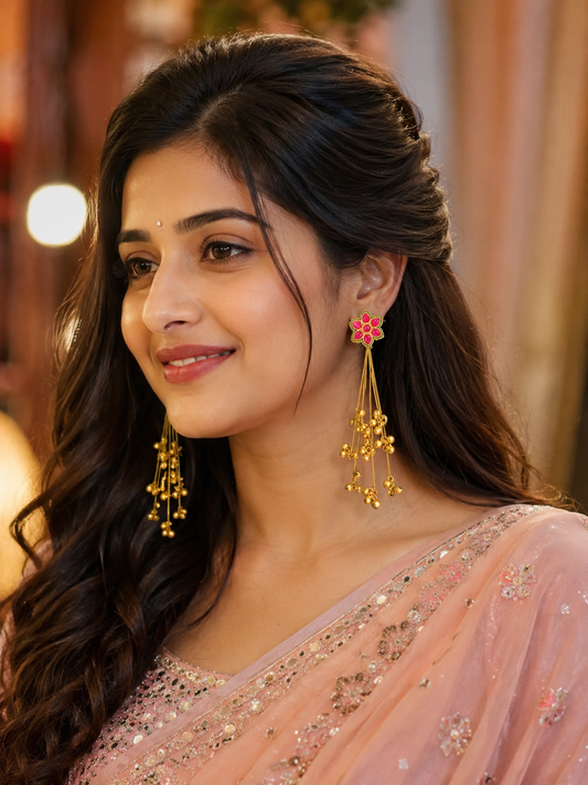 Vibrant Pink Petal Meenakari Kashmiri Long Chain Earrings