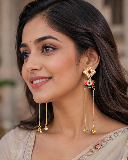 Kashmiri-Inspired Ethnic Gold Finish Long Dangle Earrings with Bead Latkan