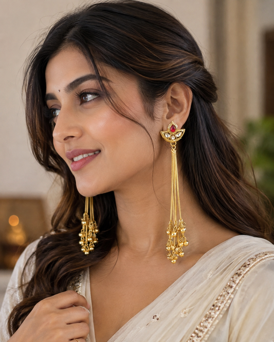 Regal Lotus Kundan Multi-Strand Gold-Plated Long Tassel Earrings