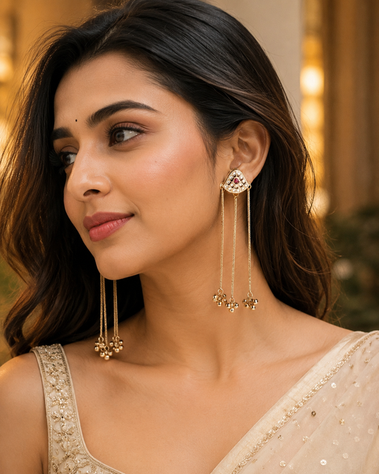 Elegant Ethnic Triple-Strand Beaded Latkan Earrings