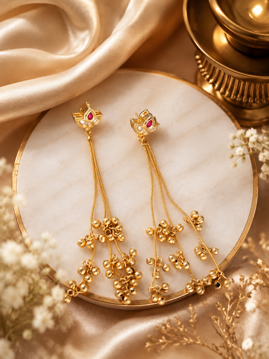 Regal Lotus Kundan Multi-Strand Gold-Plated Long Tassel Earrings