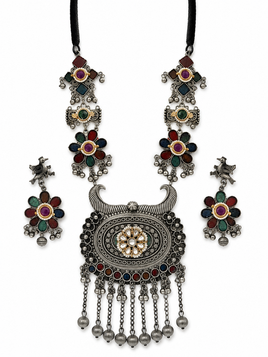 Royal Vintage-Style Multicolored Statement Necklace with Matching Earrings