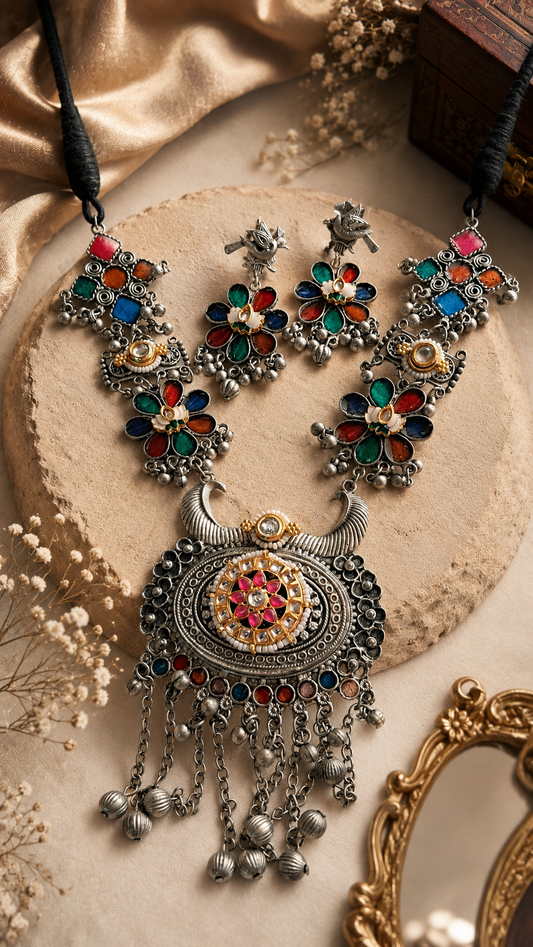 Regal Heritage Oxidized Silver Multi-Color Stone Necklace & Earrings Set