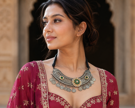 Vintage-Style Ethnic Gemstone & Coin Statement Choker