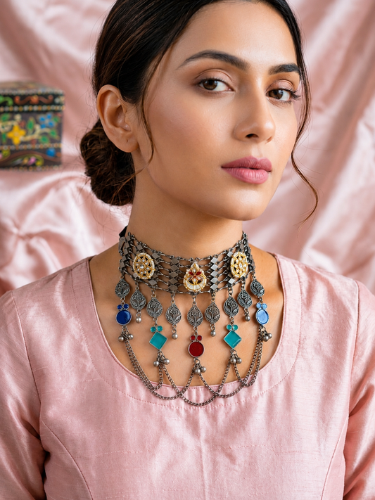 Ethnic Bohemian Multi-Color Gemstone & Chain Choker Set