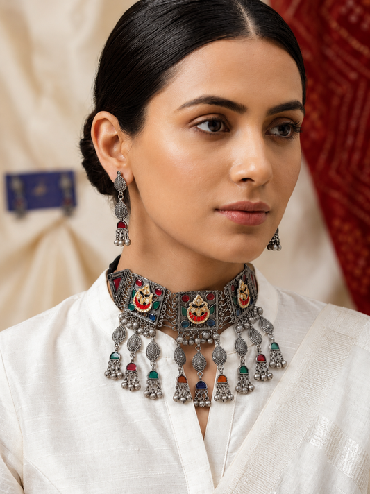Ethnic Bohemian Statement Choker with Matching Drop Earrings