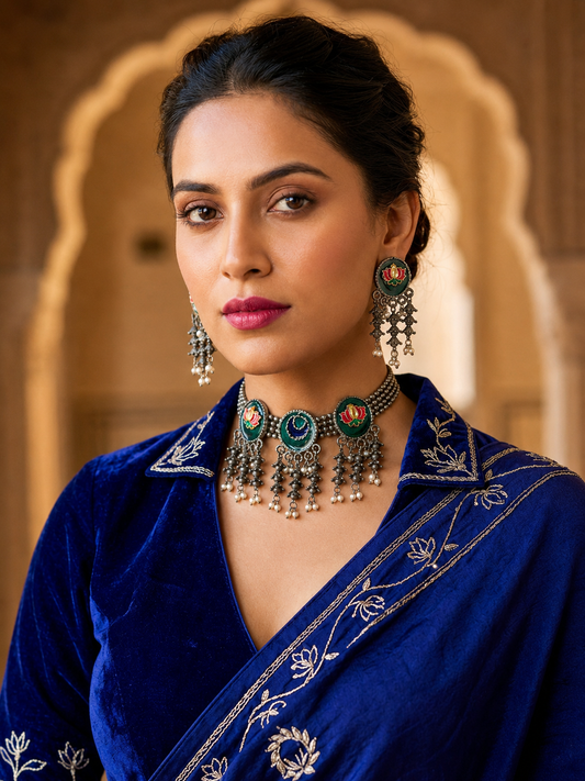 Traditional Floral & Ghungroo Antique Silver Jewelry Set
