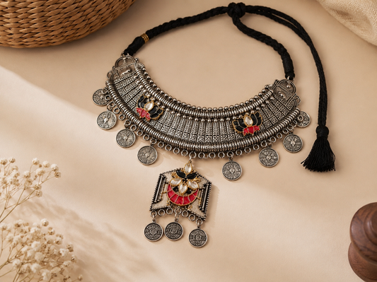 Ethnic Oxidized Silver Banjara Coin & Kundan Statement Choker Set