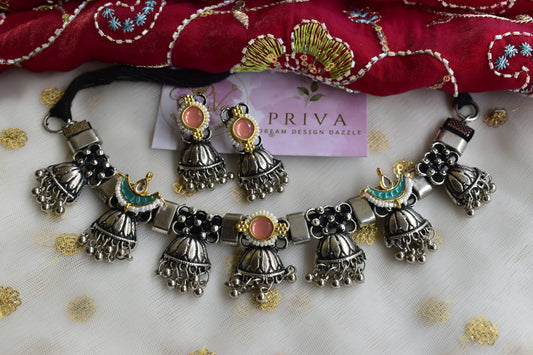 ASHIN Jhumka Motif Pachi Kundan Choker Necklace Set with Earrings – Pink Stone Indian Jewellery