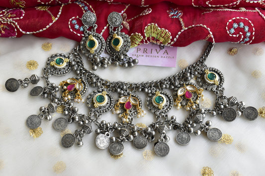 KRUTI Pachi Kundan Oxidised Silver Choker Necklace Set with Earrings – Green & Pink Stone Indian Jewellery