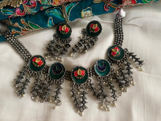 Traditional Floral & Ghungroo Antique Silver Jewelry Set
