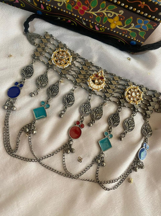 Ethnic Bohemian Multi-Color Gemstone & Chain Choker Set