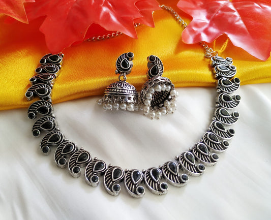 MAHENDI Oxidised Silver Paisley Necklace Set with Jhumka Earrings – Traditional Indian Jewellery