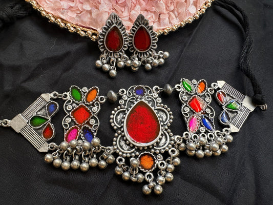 RED BLUE Multicolour Glass Stone Oxidised Silver Choker Necklace Set with Earrings – Tribal Indian Jewellery