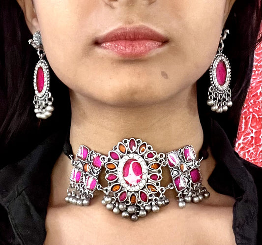 BANJARA Hot Pink Glass Stone Oxidised Silver Choker Necklace Set with Earrings – Tribal Indian Jewellery