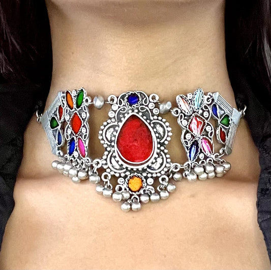 RED BLUE Multicolour Glass Stone Oxidised Silver Choker Necklace Set with Earrings – Tribal Indian Jewellery