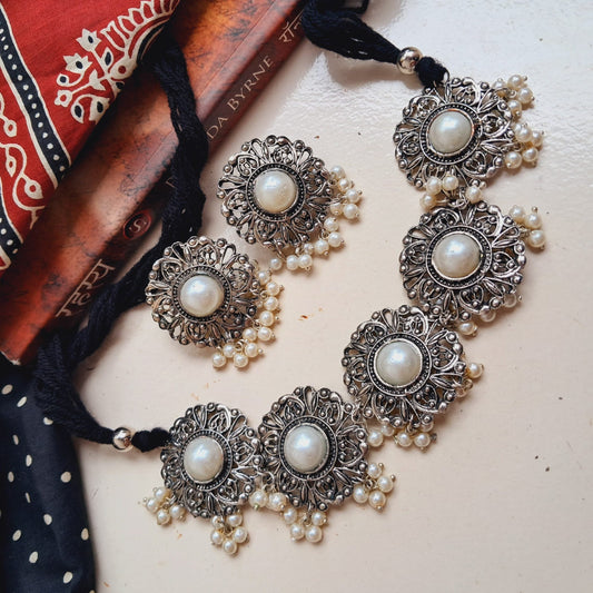 KASHISHA Oxidised Silver Pearl Necklace Set with Earrings – Festive Indian Jewellery