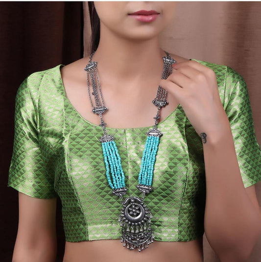 MALA Long Boho Oxidised Silver Turquoise Necklace – Ethnic Indian Jewellery for Women