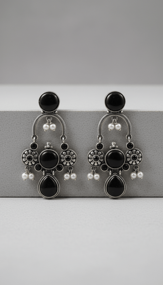 Elegant Monalisa Stone Dangler Earrings with Pearl – Silver Plated Designer Jewelry Black