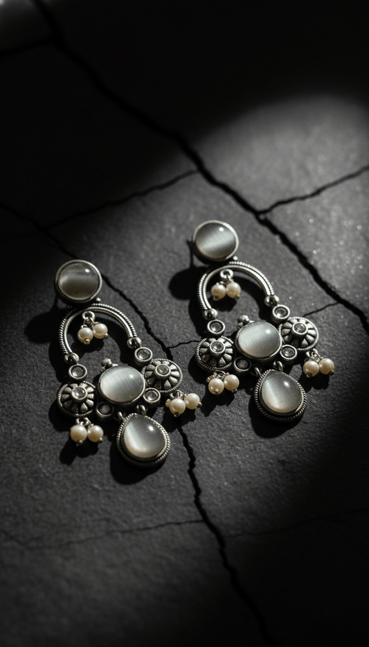 Elegant Monalisa Stone Dangler Earrings with Pearl – Silver Plated Designer Jewelry Grey