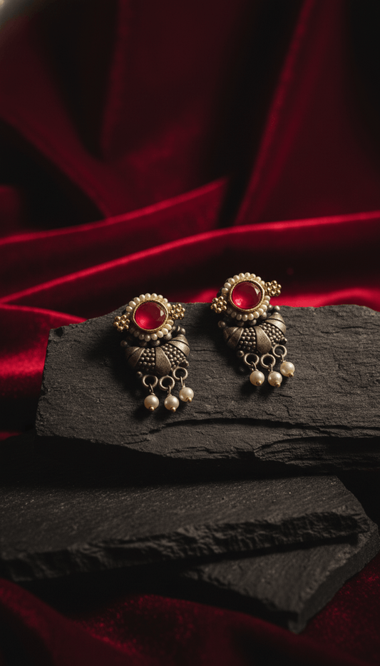 Vintage Oxidised Earrings with Ruby Red Stone & Pearl Drops