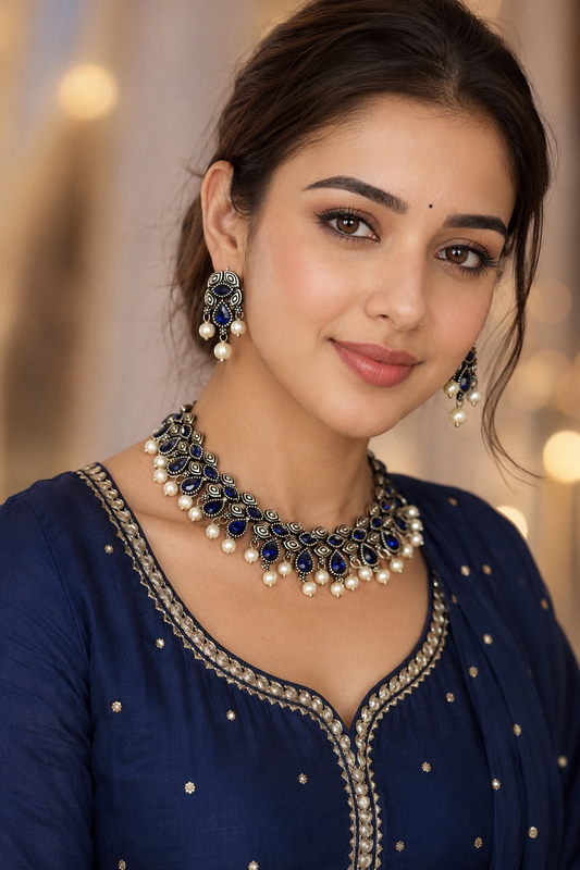Royal Blue Oxidised Silver Necklace and Earrings Set with Pearl Accents | Desi Kalakari Fashion Studio