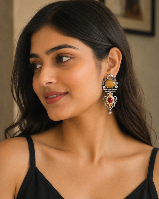 Antique Silver-Plated Fusion Dangle Earrings with Multi-Stone & Pearl Detailing