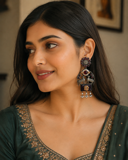 Traditional Ethnic Silver Drop Earrings with Floral Stud and Pearl Hangings